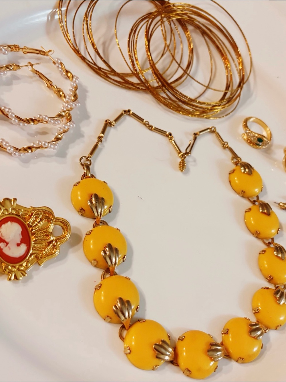 Vintage Jewelry Set -Yellow and Gold Statement Beaded Necklace